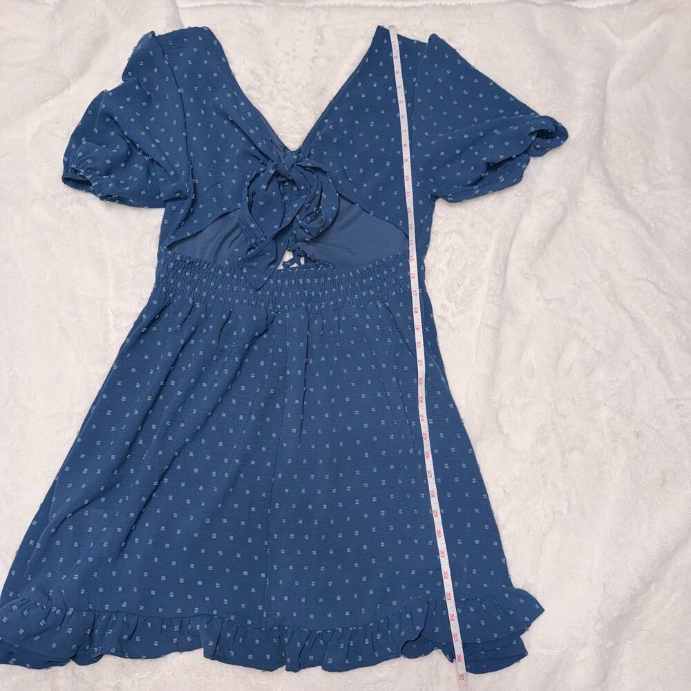 Dusty Blue Swiss Dot Mini Dress XL Puff Sleeve Smocked Open Tie Back - Picture 6 of 7